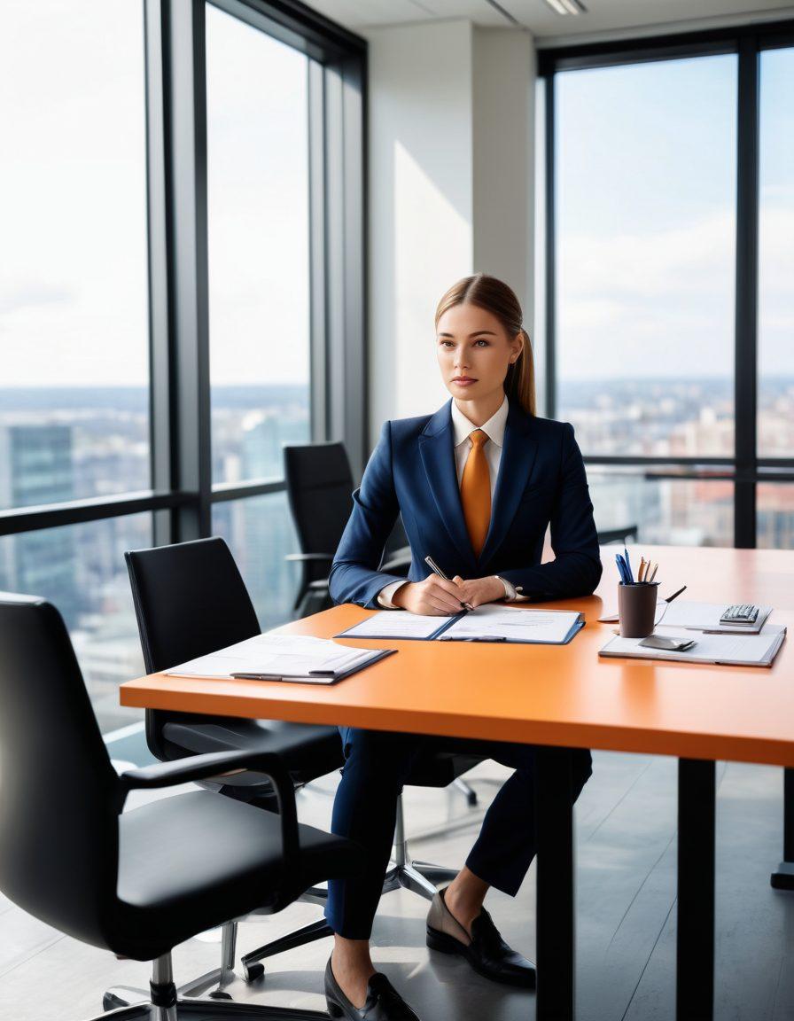 A confident candidate dressed in professional attire, sitting at a sleek, modern interview table across from a panel of interviewers. Include visual cues like a notepad with interview strategies and a laptop displaying a checklist. Show a backdrop of a bright, professional office environment, symbolizing success and opportunity. The atmosphere should convey determination and professionalism. super-realistic. vibrant colors. modern style.