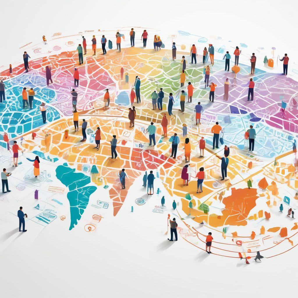 A vibrant illustration of a diverse group of professionals exploring a colorful map representing the job market, with icons of various industries (like tech, education, healthcare) scattered across. Include tools like a magnifying glass, a compass, and a laptop to symbolize resources and guidance. The background should have upward arrows and pathways indicating growth and development. vector art. vibrant colors. white background.